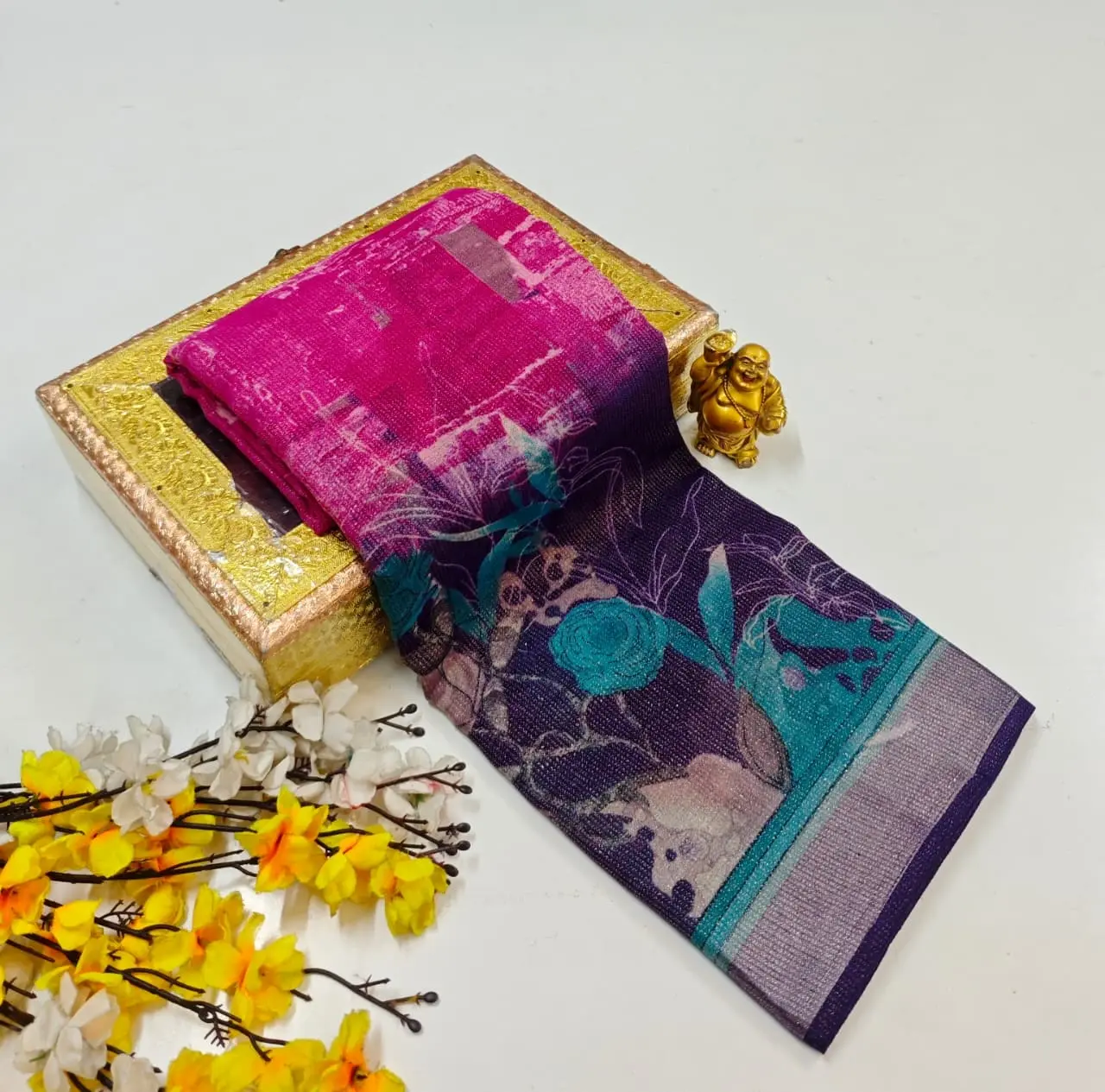 Large Floral & Leaf Print Design Soft Linen-Cotton Saree